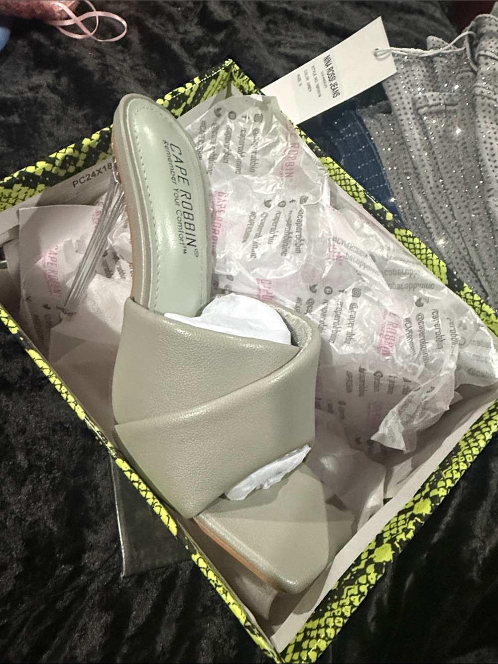 Sage Gray Wrapped Strap Slide with Clear Heel